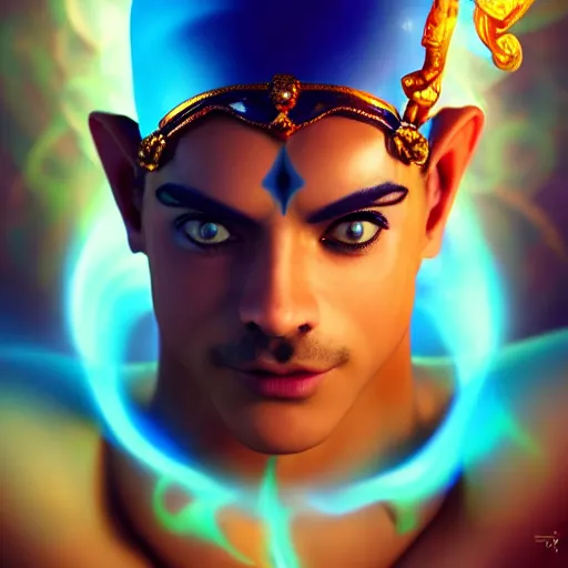 Image similar to all powerful genie, a god, god, ecstatic, infinite power, manic, perfect eyes, full body shot, magical being, magic, portrait, noble, transformation, vivid colors, elegant, concept art, sharp focus, digital art, Hyper-realistic, 4K, Unreal Engine, Highly Detailed, HD, Dramatic Lighting by Brom, trending on Artstation