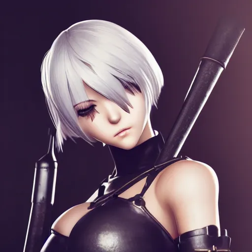 Image similar to photo of 2B nier automata, medium full shot, highly detailed skin and detailed face, artstation, artstation HQ, hd, 4k resolution