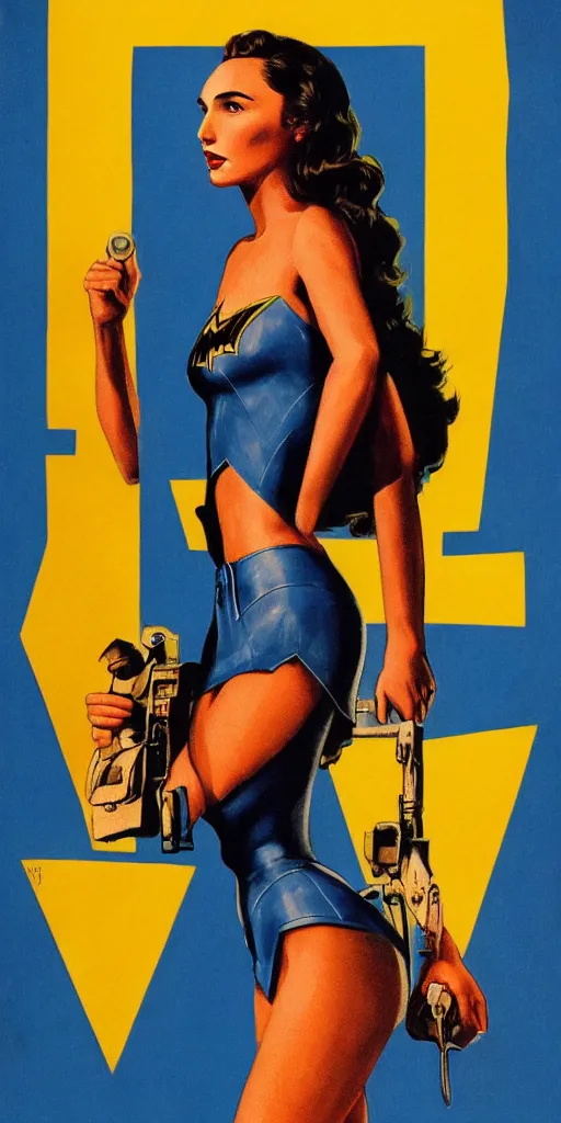 Image similar to full body portrait of gal gadot in the style of bill medcalf, blue sky with a few clouds, retro, 1 9 5 0, 4 k, detailed, headroom, rule of thirds