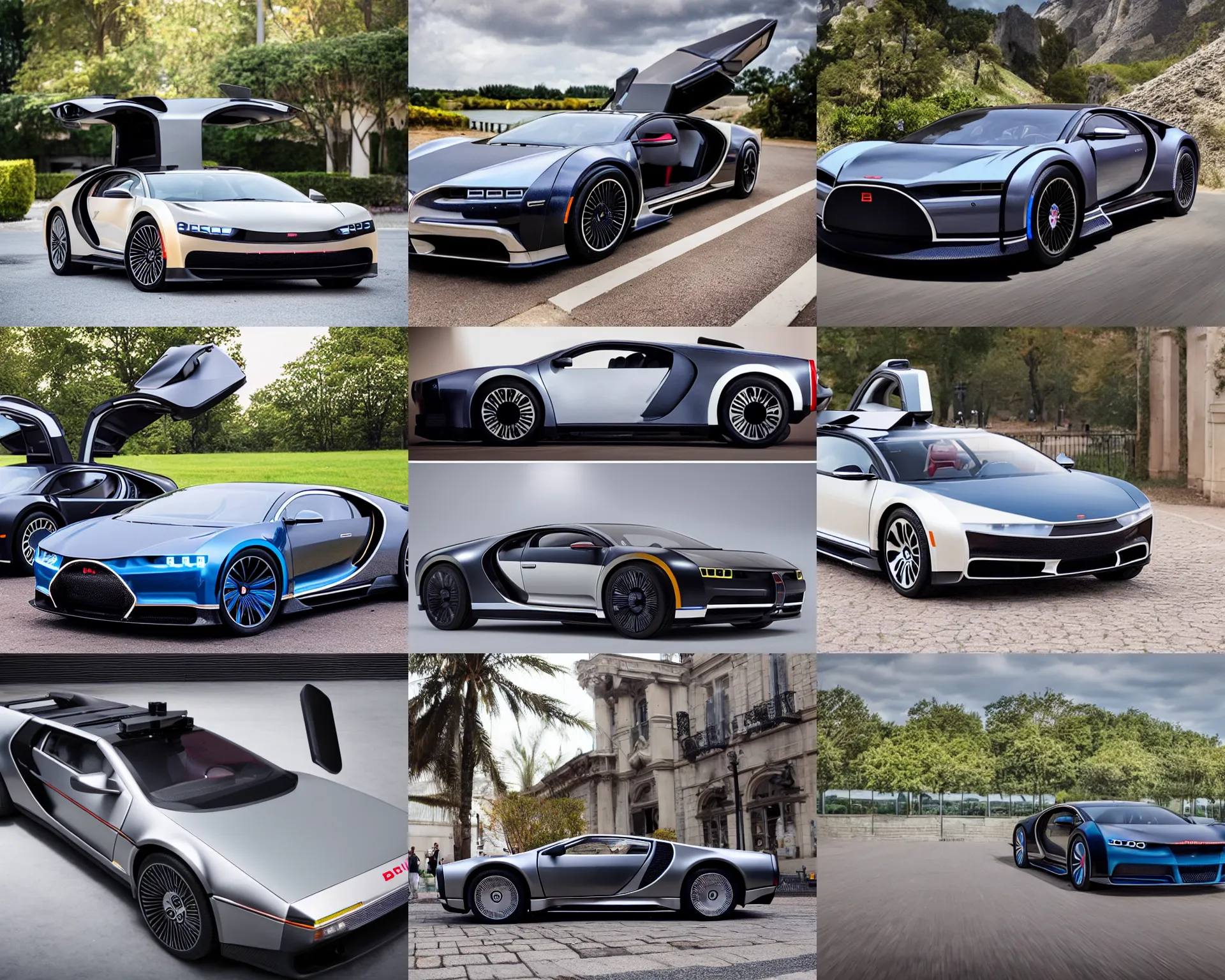 Image similar to a single delorean and bugatti chiron model 3 hybrid, dslr