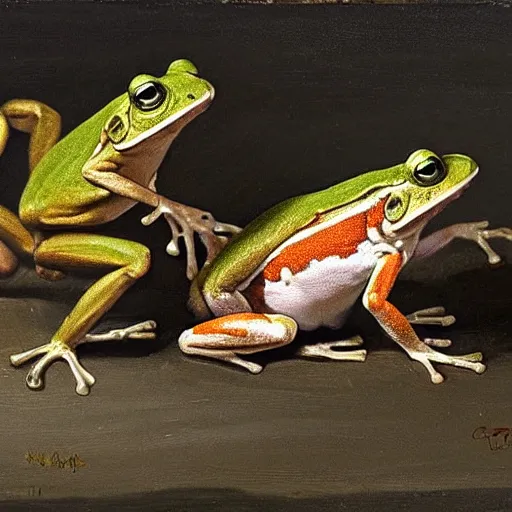 Image similar to a muscular frog suplexing a toad in a makeshift wrestling ring, dynamic, oil painting, very detailed