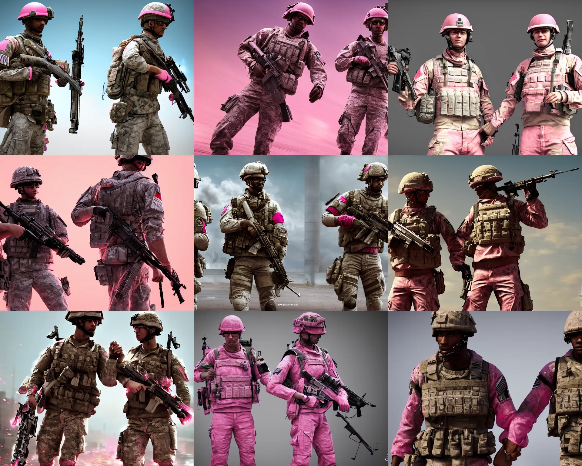Prompt: two Battlefield 3 soldiers in pink! clothes are holding their hands, artstation, holding hands, intricate details, Octane render, realistic, 4k,