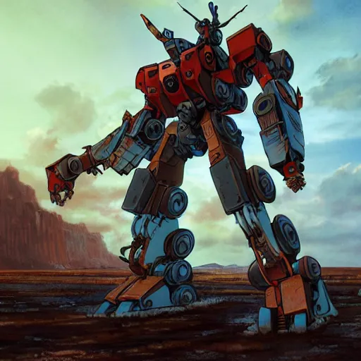 Image similar to anime style battlemech, post-apocalyptic, high-tech, hulking, wide shot, desert background, highly detailed, artstation, concept art, sharp focus, illustration, art by yoshiyuki tomino and magali villeneuve, red brown and blue color scheme