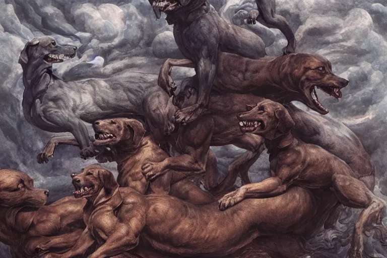 Image similar to hyperdetailed matte art of a three headed dog cerberus by william blake, greg rutkowski, amano, rene magritte, craig mullins, three headed dog cerberus, details