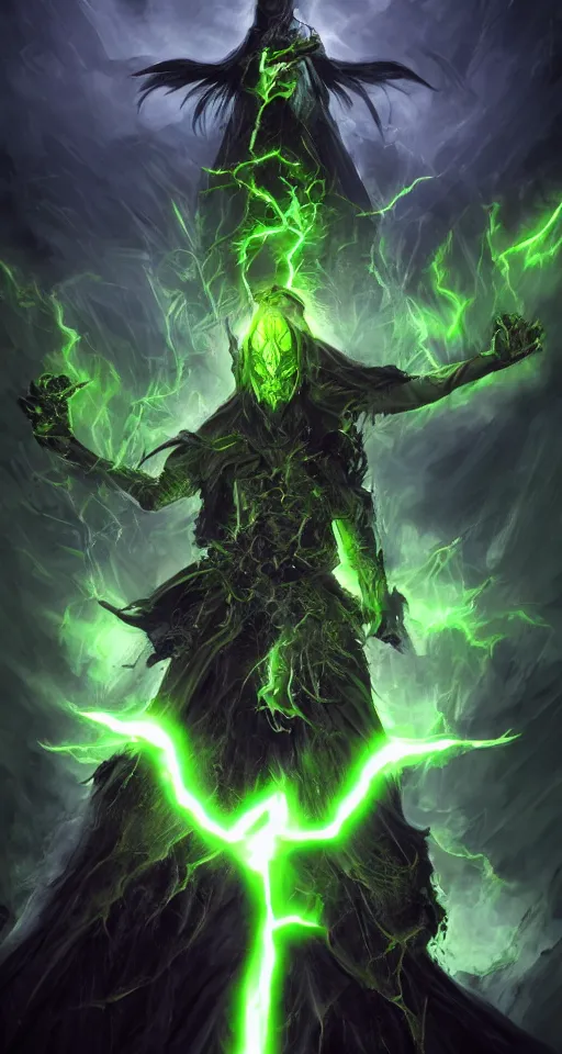 Prompt: illustration of dark priest holding green lightning, black halo, evil, power, green mist, scary, photorealistic, unreal engine, hellish background , Mtg , Dnd ,