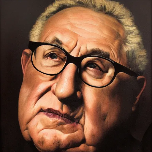Prompt: a portrait of henry kissinger, hyper realistic, octane render, masterpiece portrait painting. dark, moody, abstract brush strokes, by elvgren, rockwell.