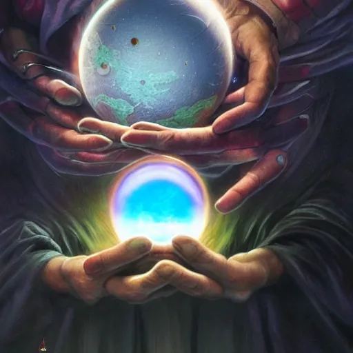 Image similar to the creator of worlds wearing a cloak and holding a holographic planet projection in his hand, detailed, sci - fi, digital painting, artstation, sharp focus, illustration, ominous, artgerm, tomasz alen kopera, peter mohrbacher, donato giancola, joseph christian leyendecker, wlop, frank frazetta