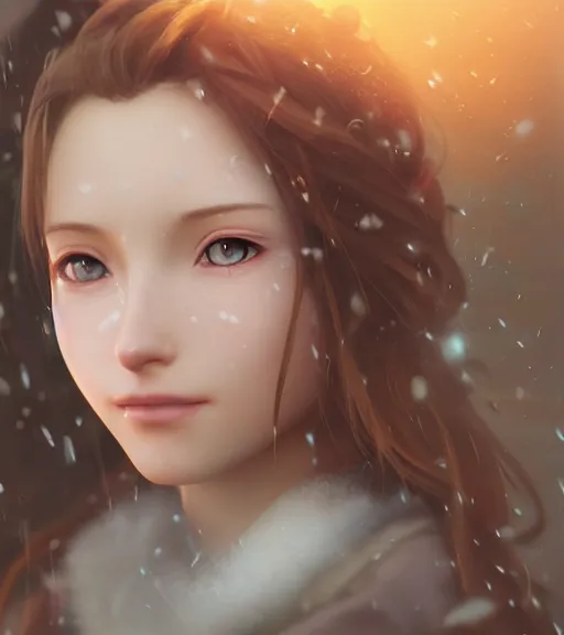 Image similar to beautiful aerith gainsborough, face centered portrait, cottagecore, confident, fog, rain, volumetric lighting, soft light particles floating near her, rim light, beautiful, golden hour, sharp focus, ultra detailed, cgsociety by krenz cushart and wenjun lin