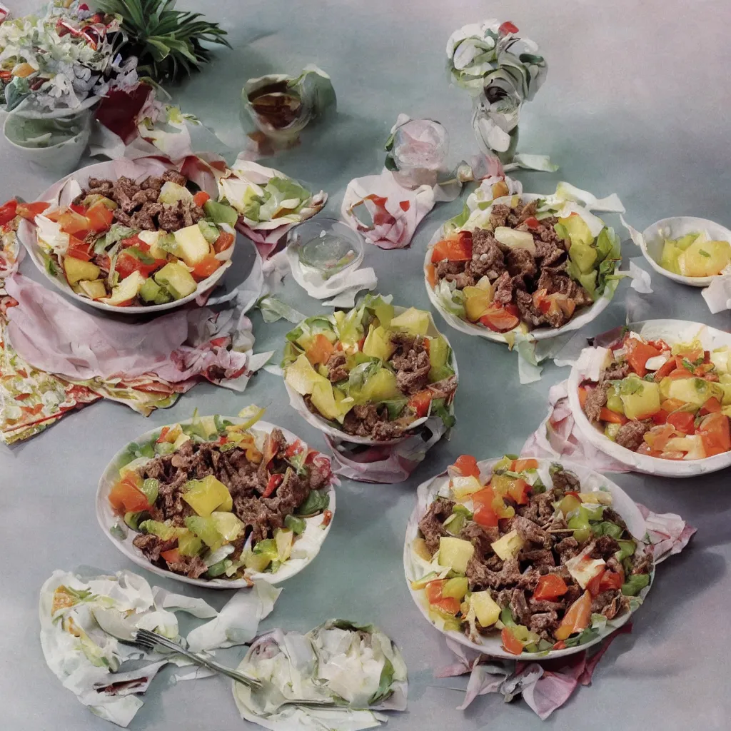 Image similar to a dreamy photo of beef salad and pineapple jelly, 1976