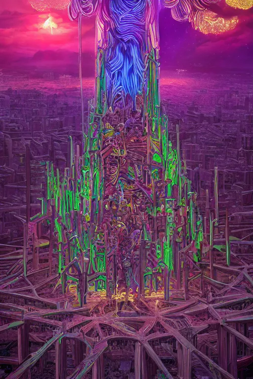 Image similar to a detailed digital neon illustration of the tall wooden burningman effigy in the style of dan mumford. maya render, greg rutkowski , psychedelic, fantasy, 8k, 3d render, intricate, symmetry, cinematic, hyper realism, high detail, 8k, iridescent accents