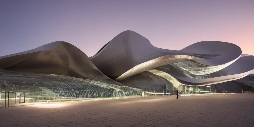 Image similar to extremely elegant smooth detailed stunning sophisticated beautiful elegant futuristic museum exterior by Zaha Hadid, smooth curvilinear design, stunning volumetric light, stainless steel, concrete, translucent material, beautiful sunset, tail lights