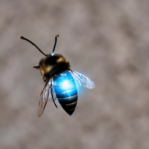 Prompt: side view of a bullet shot frozen in mid-air in the air. Rectangular bullet. Blue sky blurry background. Bee flying in the corner.