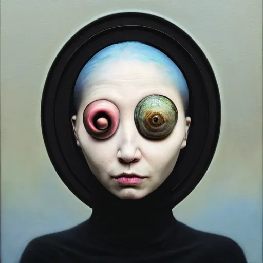 Image similar to a strange surrealist looming biomorphic portrait of a woman with large eyes wearing a black turtleneck by dali, marco mazzoni, james jean, todd school and rachel ruysch, emotionally evoking, head in focus, volumetric lighting, oil painting, timeless masterpiece, rendered in octane - h 7 0 4