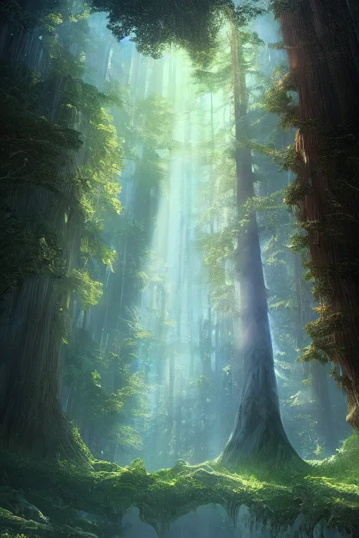 Image similar to a fairy huge sequoia, rays of light, atmospheric, matte-painting, trending on artstation