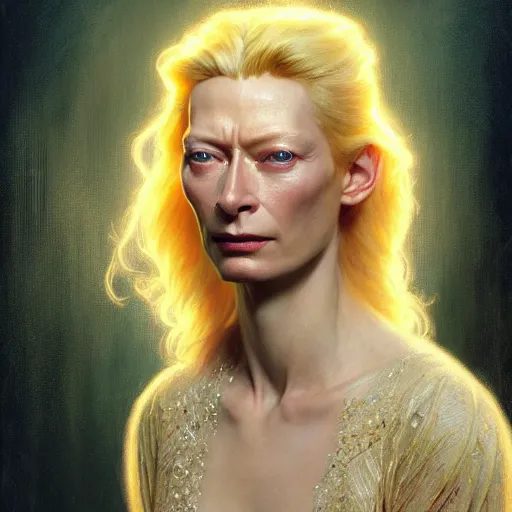 Image similar to young adult tilda swinton as lucifer morningstar, long blond hair, natural lighting, path traced, highly detailed, high quality, digital painting, by gaston bussiere, craig mullins, alphonse mucha j. c. leyendecker