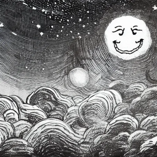 Image similar to night sky, stars, literally smiling moon with happy eyes prominently in the center, surrounded by clouds, landscape, illustrated by peggy fortnum and beatrix potter and sir john tenniel