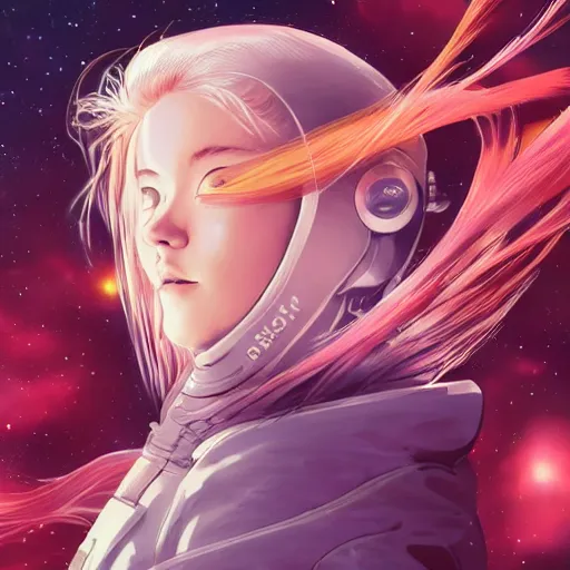 Prompt: portrait of a young astronaut girl, flowing white hair, loish, yoshitoshi abe, murata range, synthwave, cosmic,orange, manga, anime, tsutomu nihei, vibrant, gradation, beautiful, dreamy, concept art, studio lighting, ((space nebula background))