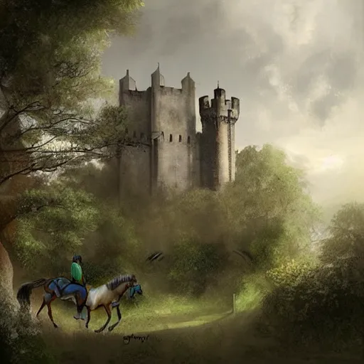 Image similar to plano general de un caballero montado a caballo, colina de fondo con castillo medieval. digital art, art station, realista,