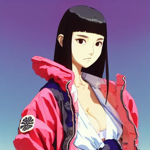 Image similar to a beautiful japanese natalie portman gravure model, wearing oversized native designer bomber jacket and leotard with overalls, bulky poofy bomber jacket with mesoamerican patterns, mesoamerican native street fashion, gapmoe yandere grimdark, trending on pixiv fanbox, painted by greg rutkowski makoto shinkai takashi takeuchi studio ghibli, akihiko yoshida