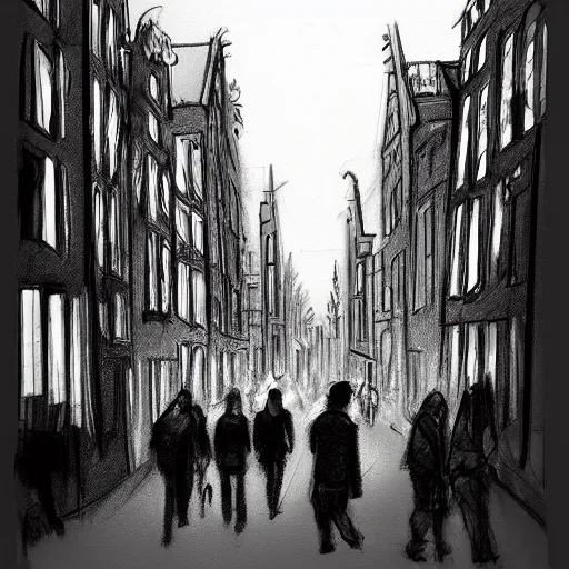 Prompt: a sketch drawing, walk along the red light district, amsterdam by gabo mendoza, trending on artstation