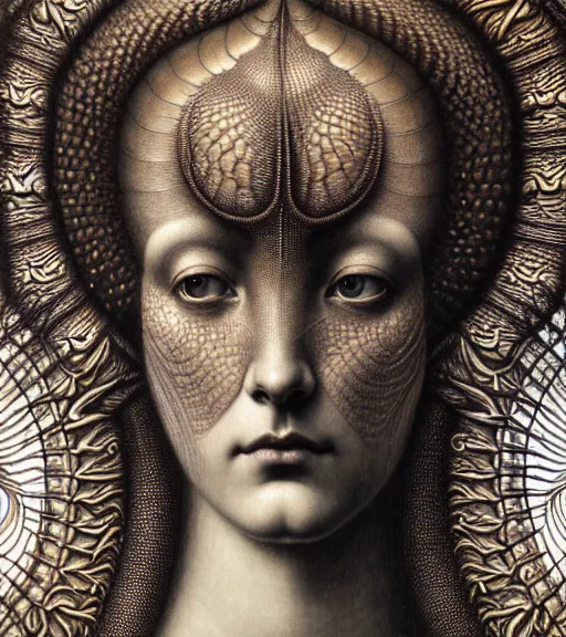 Prompt: detailed realistic beautiful horn goddess face portrait by jean delville, gustave dore, iris van herpen and marco mazzoni, art forms of nature by ernst haeckel, art nouveau, symbolist, visionary, gothic, neo - gothic, pre - raphaelite, fractal lace, intricate alien botanicals, biodiversity, surreality, hyperdetailed ultrasharp octane render