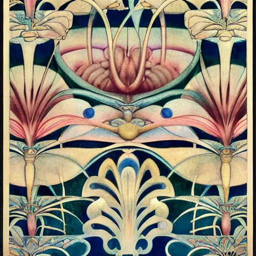 Prompt: flower ( ( art deco ) ) ( ( art nouveau ) ) ( ( ( bauhaus ) ) ), intricate detail, ( colorful ), ( symmetrical ), by ( hilma af klint ) and escher and hokusai and ( botticelli ) and frank lloyd wright and ( ( james jean ) )