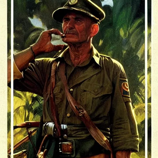 Image similar to a portrait of captain willard in apocalypse now 1 9 7 9 cinematic lighting, photorealistic, octane render, 8 k, depth of field, 3 d, art by artgerm and greg rutkowski and alphonse mucha and uang guangjian and gil elvgren and sachin ten, vietnam war, cinematography by francis ford coppola