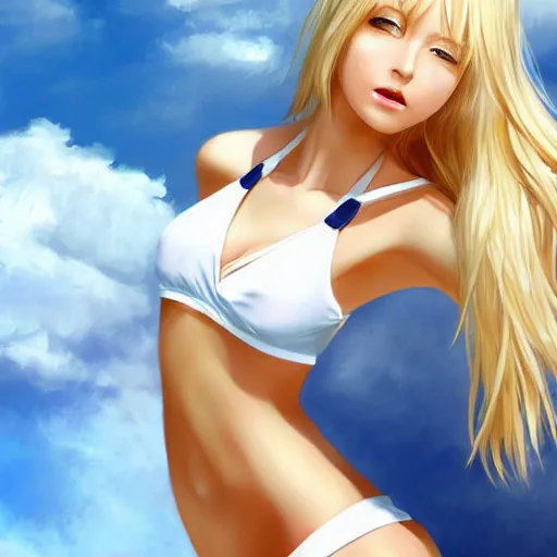 Image similar to full body shot : a very beautiful young blond rapper anime girl, sky blue eyes, bikini, white miniskirt, highly detailed, cinematic wallpaper by stanley artgerm lau