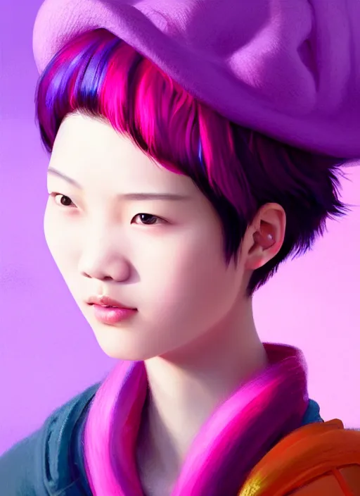 Prompt: portrait of chinese girl with bright pink hair, curly pixie cut hair, wearing a purple cap, breton cap, intricate, elegant, glowing lights, highly detailed, digital painting, artstation, concept art, smooth, sharp focus, illustration, art by wlop, mars ravelo and greg rutkowski