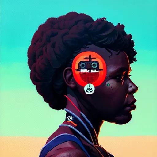 Image similar to side profile of a black woman :: blood :: background sea :: intricate details :: oxygen implant :: 8k :: simon stalenhag and Sandra Chevrier