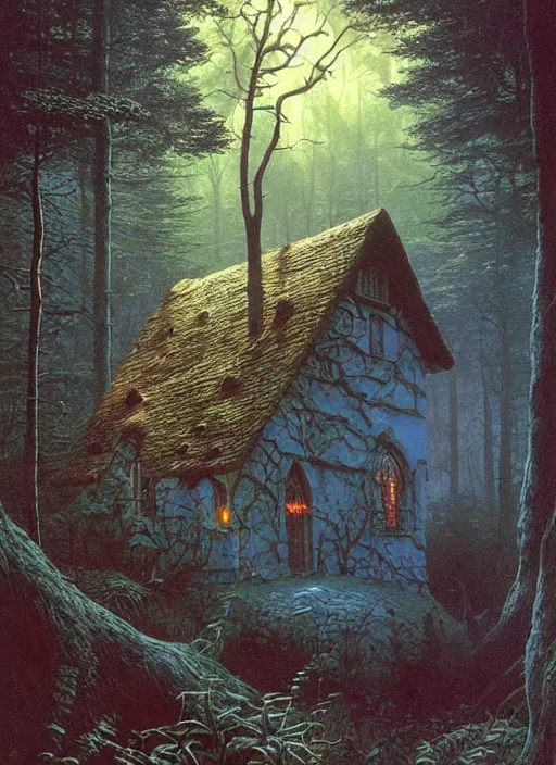 Image similar to hyper realistic witch cottage with mood lighting and technology in the woods gorgeous lighting, sunbeams blue sky, highly detailed, lush forest foliage painting by zdzisław beksinski and norman rockwell and greg rutkowski weta studio, and lucasfilm