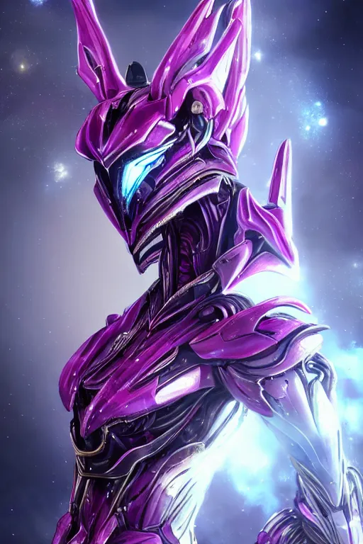Image similar to bust shot, hyperdetailed realistic elegant beautiful stunning giant robot mecha hot female goddess dragon, sharp spines, sharp metal ears, smooth purple eyes, smooth fuschia skin, smooth silver armor, nebula size, space, epic proportions, epic scale, warframe fanart, macro giantess, furry art, dragon art, goddess art, giantess art, furaffinity, octane