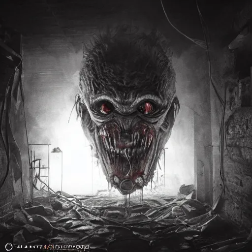 Image similar to creepy monster lurking in a dingy basement, highly detailed, epic lighting, hyper photorealism, low angle, trending on artstation 8 k