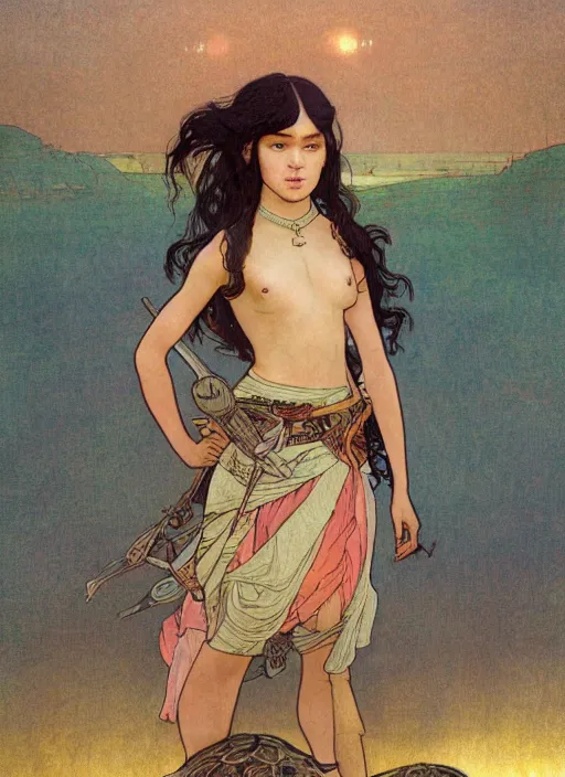 Image similar to a little warrior girl standing on top of one giant turtle walking in the desert. the girl has dark skin and beautiful green eyes, realistic full body and a very beautiful detailed symmetrical face with long black hair. diffuse light, dramatic sky and landscape, long shot fantasy illustration by mucha