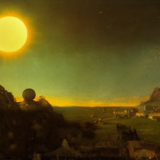 Image similar to dark solar eclipse, above a village, highly detailed, studio 4 k quality, by arnold bocklin