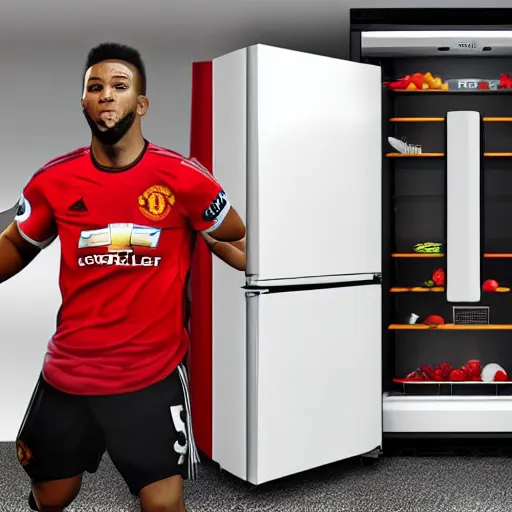 Image similar to a fridge as an man united player, realistic, highly detailed, dramatic, 4 k,