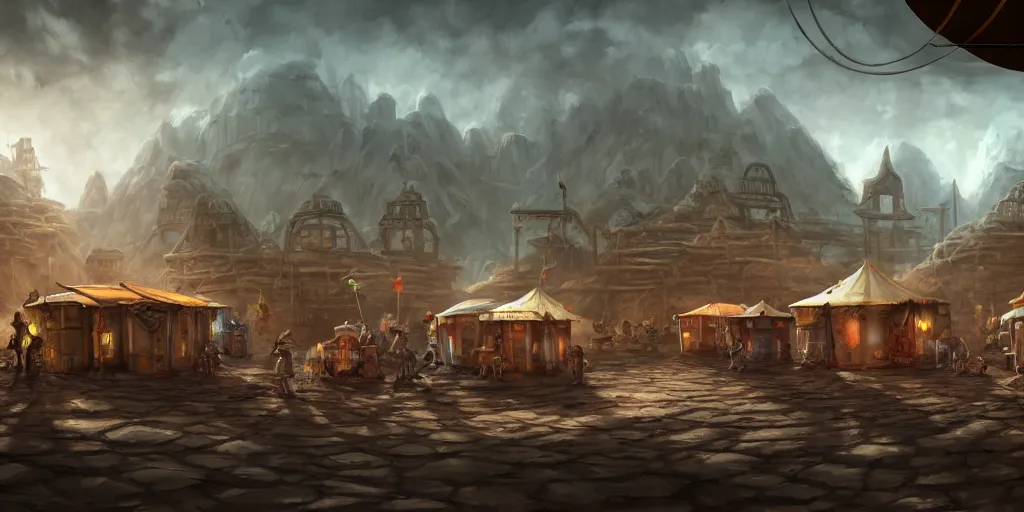 Image similar to robotic merchants in tents, trading town square, matte oil painting, retrofuturistic, concept art, quarrying, science fantasy, mutant, lgbt, queer, rpg, epic, rusted, white salt, badlands, jungles, dungeons & dragons, sacred, sharp focus, award - winning, extremely detailed, 4 k, 8 k