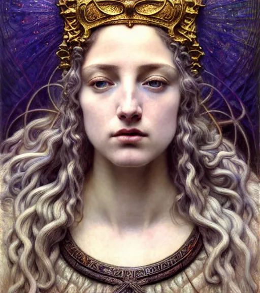 Image similar to detailed realistic beautiful young medieval queen of jupiter face portrait by jean delville, gustave dore and marco mazzoni, art nouveau, symbolist, visionary, gothic, pre - raphaelite. horizontal symmetry by zdzisław beksinski, iris van herpen, raymond swanland and alphonse mucha. highly detailed, hyper - real, beautiful