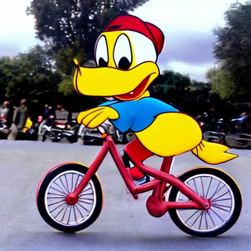 Image similar to donald duck riding a bike, in style of don rosa