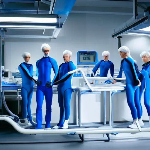 Image similar to group of athletic humans with light blue neoprene suits and white hair standing in tight formation on a conveyor belt, futuristic laboratory, sci - fi, highly detailed, hyperrealistic