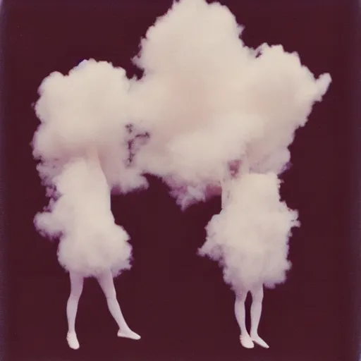 Prompt: polaroid of headless dancers that are made from cotton candy, smoke and clouds, wearing giant paper masks, mix