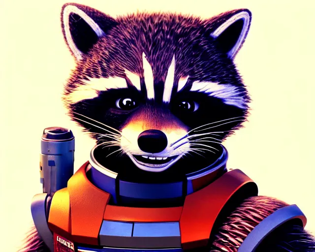 Prompt: closeup portrait, detailed illustration of furry rocket the raccoon standing in the hallway of a space ship from guardians of the galaxy, wearing mass effect armor, holding a rocket launcher, soft volumetric lighting, cinematic, disney, pixar, confident action pose