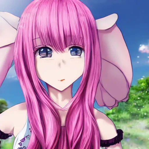 Image similar to ”anime girl, pink hair with two huge elephant ears, action shot, by Kurahana Chinatsu”