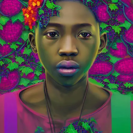 Prompt: colourful vfx art - portrait of nigerian boy wrapped in flowers & vines, art by hsiao - ron cheng & james jean - presented as magazine collage style, volumetric light, colourful, sharp, detailed, digital painting, illustration, illustration, magazine collage, highly detailed, intricate detail, unreal engine, octae render, pinterest, behance, art station,