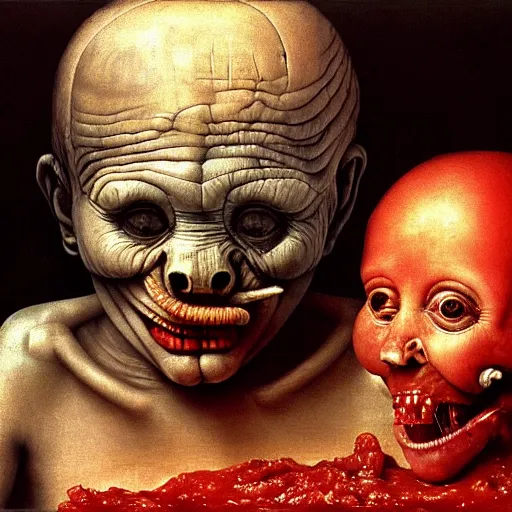 Image similar to a boy like eraserhead and elephant man sitting in a tub full of tomato sauce, looking straight into camera, screaming in pain, by giuseppe arcimboldo and ambrosius benson, renaissance, fruit, intricate and intense oil paint, a touch of beksinski and hr giger, realistic