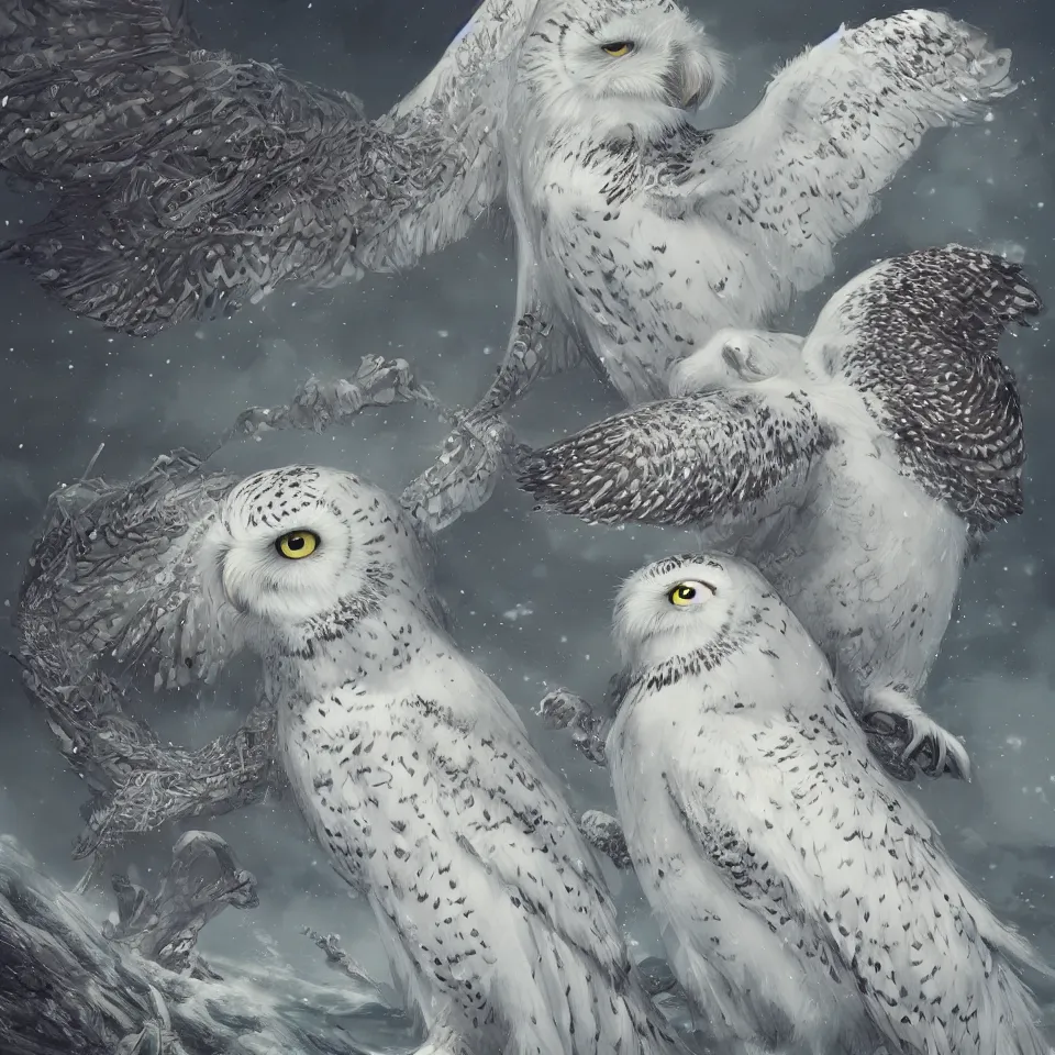 Prompt: painting of beautiful snowy owl, fantasy, hyperdetailed, intricate, by charlie bowater and alena aenemi, studio ghibli, 8k, octane render, trending on artstation