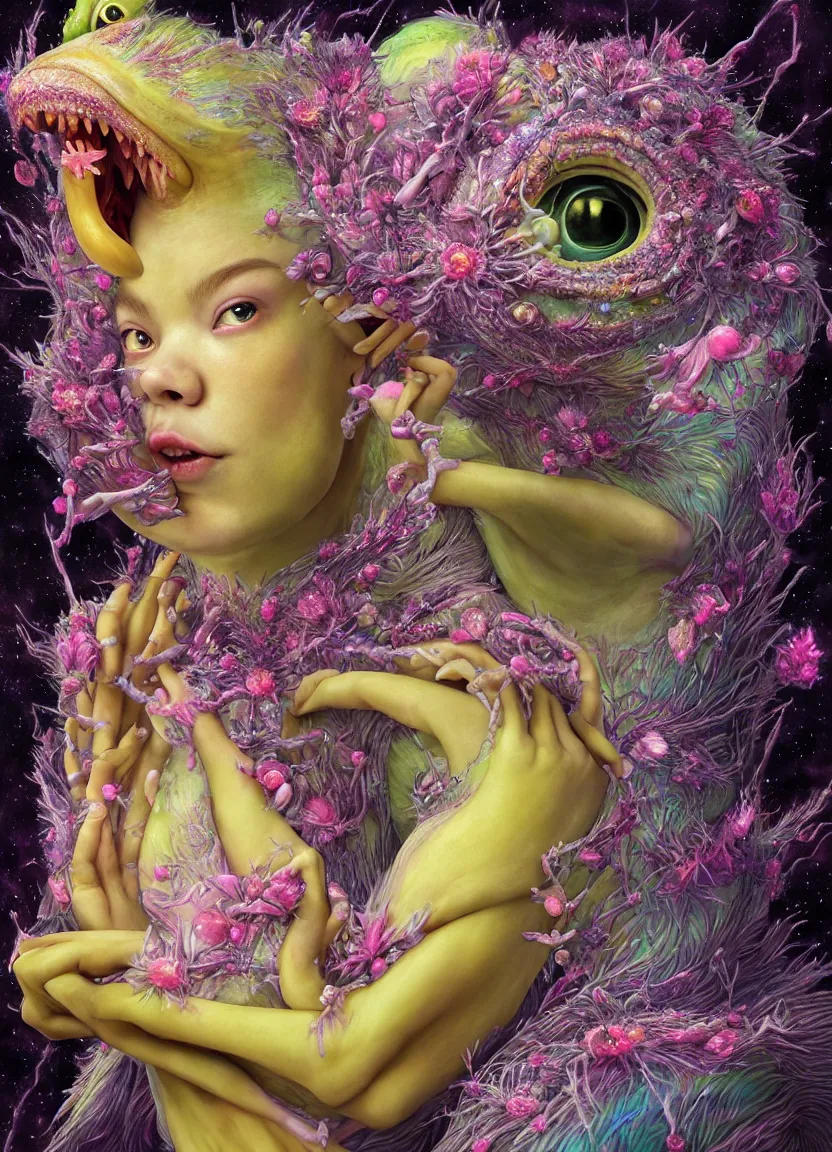 Image similar to hyper detailed 3d render like a Oil painting - kawaii portrait Aurora (a skeksis from dark crystal that looks like Anya Taylor-Joy) seen Eating of the Strangling network of yellowcake aerochrome and milky Fruit and His delicate Hands hold of gossamer polyp blossoms bring iridescent fungal flowers whose spores black the foolish stars by Jacek Yerka, Ilya Kuvshinov, Mariusz Lewandowski, Houdini algorithmic generative render, Abstract brush strokes, Masterpiece, Edward Hopper and James Gilleard, Zdzislaw Beksinski, Mark Ryden, Wolfgang Lettl, hints of Yayoi Kasuma, octane render, 8k