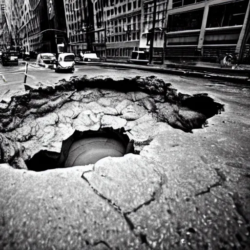 Prompt: a photograph of on Ancient otherworldly beings coming from under the earth and creating sink holes in new york city. Giant Ney York city sink hole engulfs entire city, City collapses in Sink Hole. crazy. wild. insane. realistic. satanic. dark. gloom. crazy. wow. imagine that. can you imagine that?. thank you. realistic. real. photography. photograph. historic photograph. 8k