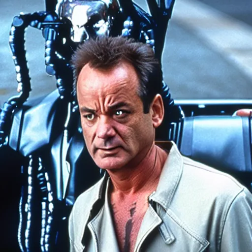 Prompt: bill murray plays the terminator, movie still, promotional shot