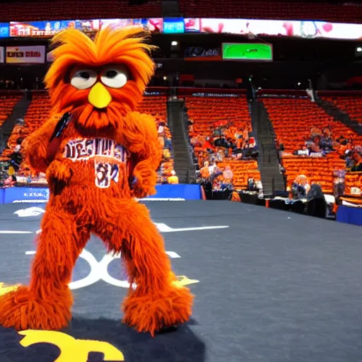 Image similar to the mascot gritty giving a speech at the Wells Fargo center, realistic